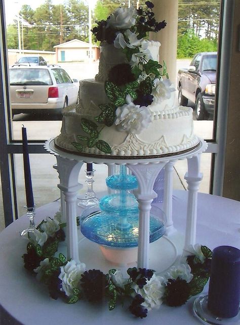 Fountain wedding cake  www.AshleysEnticingIcing.com or www.facebook.com/AshleysEnticingIcing Wedding Cakes With Water Fountain, Wedding Cake Fountain, Wedding Cake With Fountain, Fountain Wedding, Fountain Wedding Cakes, Gardenia Wedding, 2 Tier Wedding Cakes, Quince Cake, Different Types Of Cakes