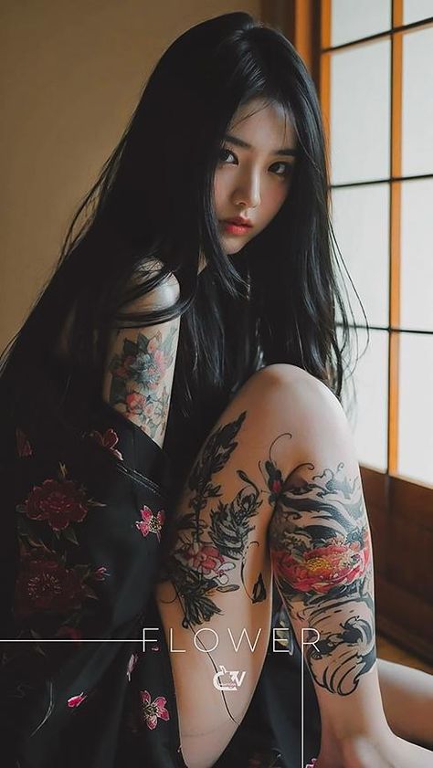 Female Samurai Tattoo, Guerriero Samurai, Female Samurai, Tattoed Women, Emo Hair, Beauty Photos, Japanese Women, Model Poses, Girl Tattoos