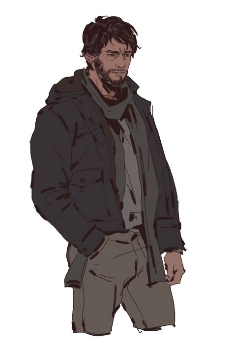 Male Survivor Art, Apocalypse Man Concept Art, Salt And Pepper Hair Character Art, Modern D&d Characters, Male Apocalypse Character, Male Detective Art, Long Brown Hair Male Character Art, Homeless Character Art, Urban Character Art