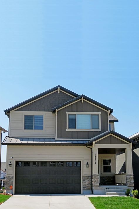 Craftsman style home with brown and beige siding Brown Soffit And Fascia Exterior Colors, Dark Bronze Metal Roof, Almond Windows, Bronze Metal Roof, Beige Exterior House Colors, Brown Roof Houses, Beige House Exterior, Brown House Exterior, Home Exterior Colors Schemes