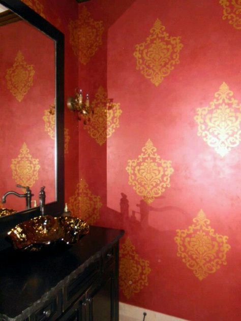 Wall stencil in red and gold-lovely. Wall Paint Mural, Stencil Wall Design, Stencil Wall Painting, Paint Mural, Wall Painting Ideas Creative, Painting Design Ideas, Childrens Wall Murals, Damask Wall Stencils, Large Wall Decor Living Room