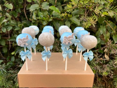 Cake Pop Elephant, Elephant Cakepops, Cake Pop Baby Shower Boy, Elephant Cake Pops, Gold Baby Shower Cake, Blue Cake Pops, Elephant Baby Shower Cake, Elephant Baby Shower Boy, Gender Reveal Party Theme