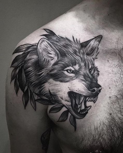 Wolf Tattoo Design Men Shoulder, Wolf Tattoos Men Chest, Mystical Wolf Tattoo, Wolf Body Tattoo, Wolf Tattoo Design Men Chest, Wolf Shoulder Tattoo Men, Wolf Chest Tattoo Men, Shoulder Wolf Tattoo, Growling Wolf Tattoo