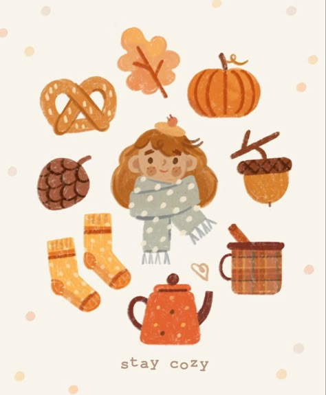 October Illustration Fall, Autumn Drawings Aesthetic, Fall Illustration Autumn, October Illustration, Fall Illustrations, Autumn Kawaii, Cozy Illustration, Fall Illustration, Whimsical Art Journal