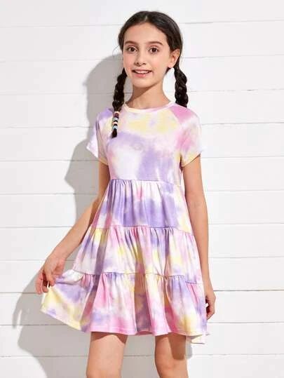 Tie Dye Dress Outfit, Tie Dye Girl, Raglan Sleeve Top, Flounce Hem Dress, Teen Dress, Tie Dye Outfits, Star Embroidery, Model Outfits, Frocks For Girls