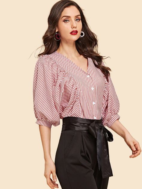 SHEIN Dolman Sleeve Striped Blouse | SHEIN USA Dolman Sleeve Top Pattern, Clothing Boutique Interior, Casual Indian Fashion, Feminine Top, Dolman Sleeve Tops, Classy Work Outfits, Women Blouses, Puff Sleeve Blouse, Lovely Dresses