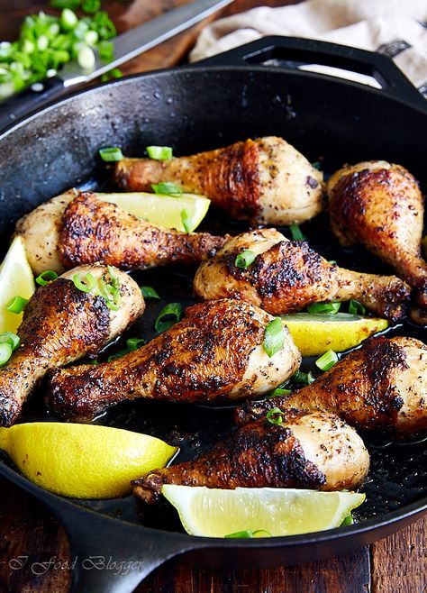 Pan-seared to perfection on a cast iron pan, these chicken drumsticks pack a ton of flavor. Inside, they are juicy and fall-off-the-bone tender. Pan Fried Drumsticks, Drumstick Chicken Recipes Stovetop, Skillet Drumsticks, Skillet Chicken Drumsticks, Fried Drumsticks Skillet, Cast Iron Drumsticks, Chicken Drumsticks Cast Iron Skillet, Chicken Legs In Cast Iron Skillet, Chicken Drumstick One Pan Meal