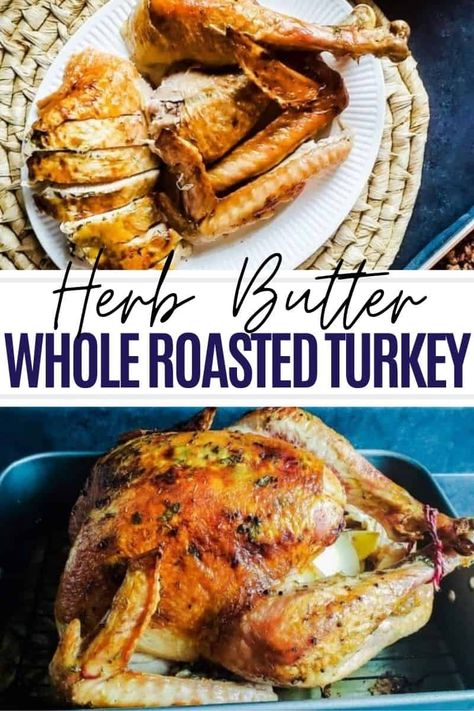 The best Herb Butter Roasted Turkey for your Thanksgiving holiday! This turkey is moist, simple, most importantly delicious! In is baked slow in the oven with butter and herbs upside down! Finish with a classic pan drippings gravy to complete your meal! Butter Roasted Turkey, Turkey In Oven, Best Thanksgiving Turkey Recipe, Butter Herb, Turkey Rub, Turkey Seasoning, Whole Turkey Recipes, Easy Turkey Recipes, Herb Roasted Turkey