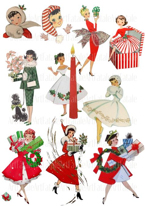 Retro Christmas Clipart, Vintage Christmas Clipart, 50s Christmas Aesthetic, Christmas Vintage Illustration, Christmas Illustration Vintage, Vintage Christmas Outfit, Christmas 50s, Xmas Images, Vision 2023