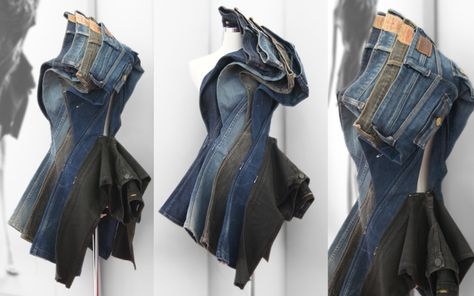 Denim Display, Deconstructed Denim, Deconstruction Fashion, Denim Diy Clothes, Denim Projects, Repurposed Clothing, Denim Ideas, Shirt Refashion, Denim Diy