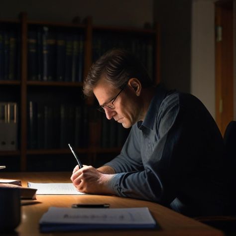 Photo a man sits at a desk writing in a ... | Premium Photo #Freepik #photo Sitting On Desk Reference, Writing Pose Reference, Desk Pose Reference, Person Sitting At Desk, Writing Pose, Man Sitting At Desk, Sitting At Desk, Man Desk, Men's Study