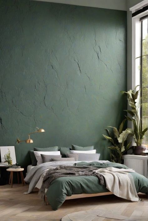 green wall paint, bedroom renovation, home improvement, interior design bedroom Green Grey Paint Color, Green Accent Wall Bedroom, Cellar Room, Brick Wall Bedroom, African Beach, Green Bedroom Walls, Green Grey Paint, 2024 Bedroom, Bedroom Transformation