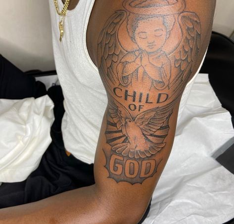 Child Of God Tattoo, Arm Tattoos For Guys Forearm, Bicep Tattoo Men, Half Sleeve Tattoos Forearm, Baby Name Tattoos, Inner Bicep Tattoo, God Tattoo, God Tattoos, Half Sleeve Tattoos For Guys