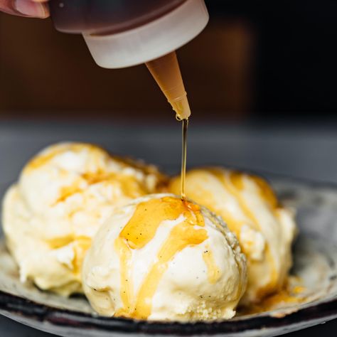 Vanilla Bean Ice Cream Recipe, Creme Brulee Ice Cream, Caramelized Honey, Caramel Ice Cream Topping, Honey Ice Cream, Bean Ice Cream, Ice Cream Base, Creamed Honey, Flaky Salt