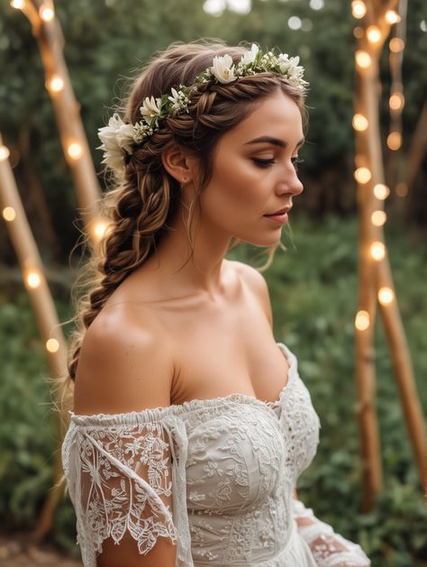 25 Trendy Wedding Hairstyles You Must Try in 2024 – Scan to Talk Rustic Bridal Hair, Flower Wedding Hairstyles, Flower Hair Wedding, Intricate Braided Updo, Bride Hair And Makeup, Hair And Makeup Wedding, Wedding Hair Flower Crown, Light Fairy, Rustic Wedding Hairstyles