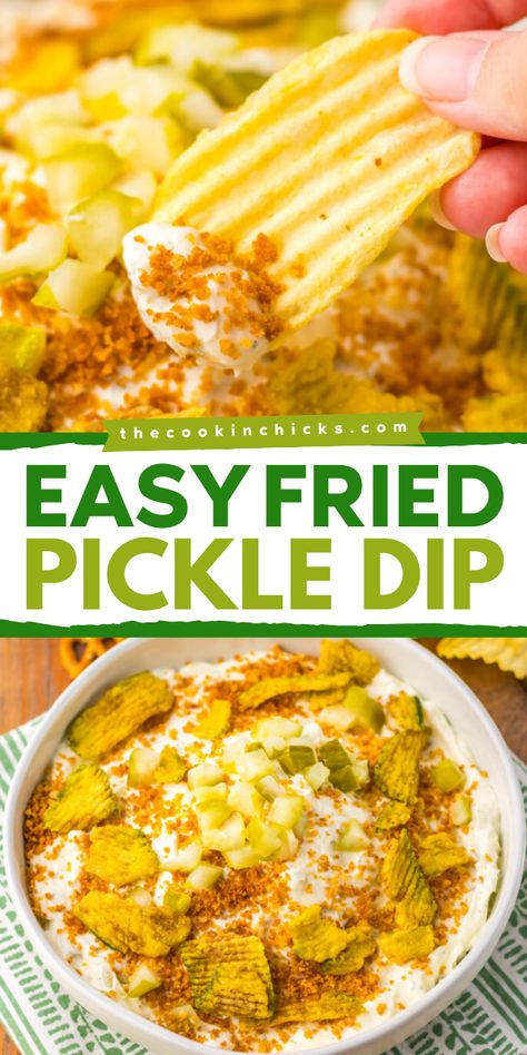 This best fried pickle dip is gonna be a hit for your party food ideas! It's an easy ranch dip recipe made with cream cheese, dill pickles, and spices. Creamy, tangy, and crunchy! The perfect appetizer for any gathering! Bachelor Party Snacks, Fried Pickle Dip Recipe, Easy Ranch Dip, Fried Dill Pickles Recipe, Pickle Bar, Fried Pickle Dip, Easy Fried Pickles, Dill Pickle Dip Recipe, Pickle Dip Recipe