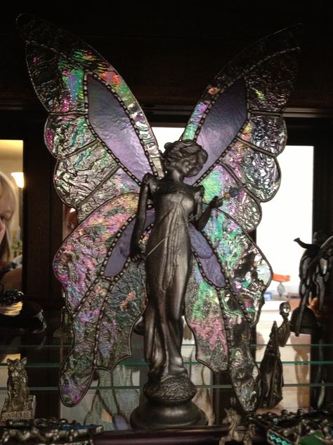 Stained glass butterfly queen. Pewter figurine with glass wings and decorative wand. Glass Fairy, Stain Glass Butterflies, Glass Wings, Glass Butterfly Aesthetic, Stained Glass Wings, Crystal Fairy Wings, Stained Glass Fairy Wings, Stained Glass Butterfly Wings, Glass Winged Butterfly