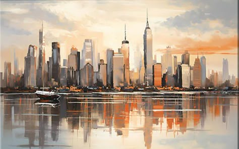 New York Skyline Painting, Wall Frame Art, Panorama City, New York Painting, Urban Painting, Skyline Painting, Abstract City, City Scape, Diy Wall Art Decor