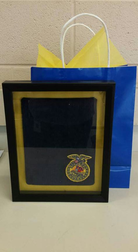 Senior Gifts  Bulletin board pieces covered with an old jacket and framed in a $5 shadow box. The perfect way to display FFA pins! Ffa Senior Gifts, Ffa Week, Ffa Banquet, Old Jacket, Pin Display, Senior Gifts, Ffa, Graduation Ideas, Bulletin Board