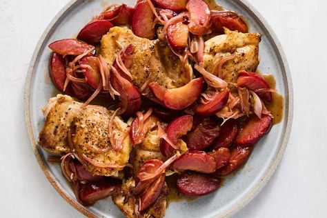 Chicken Thighs With Fresh Plum Agrodolce Recipe Plum Chicken, Spring Meals, Recipe Italian, Salmon And Shrimp, Shrimp And Vegetables, Quick Pasta, Slow Cooker Bbq, One Pot Dinners, Simple Chicken