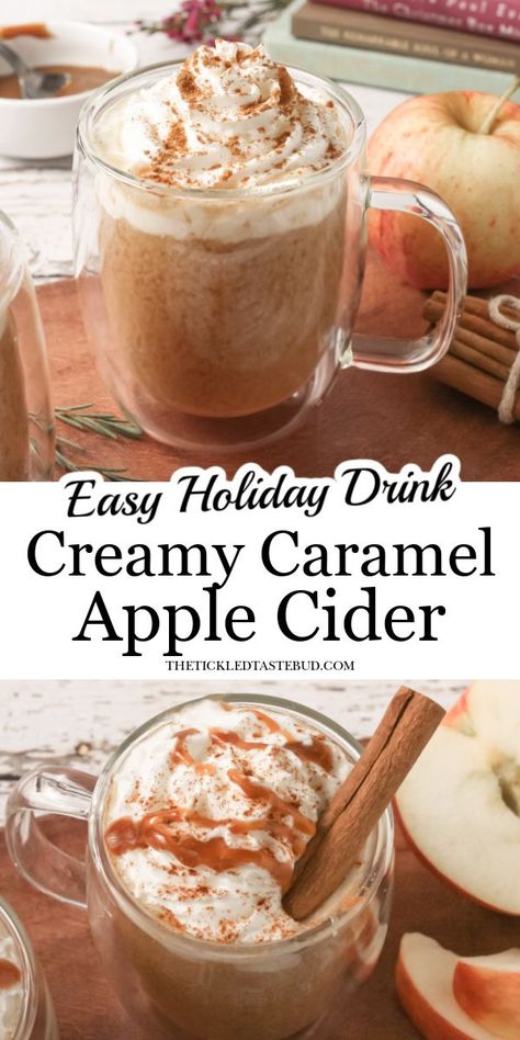 Hot Caramel Apple Cider Recipe, Starbucks Caramel Apple Cider, Starbucks Apple Cider, Caramel Apple Cider Recipe, Easy Holiday Drinks, Apple Cider Bar, Caramel Apple Cider, Apple Cider Drink, Cider Drinks