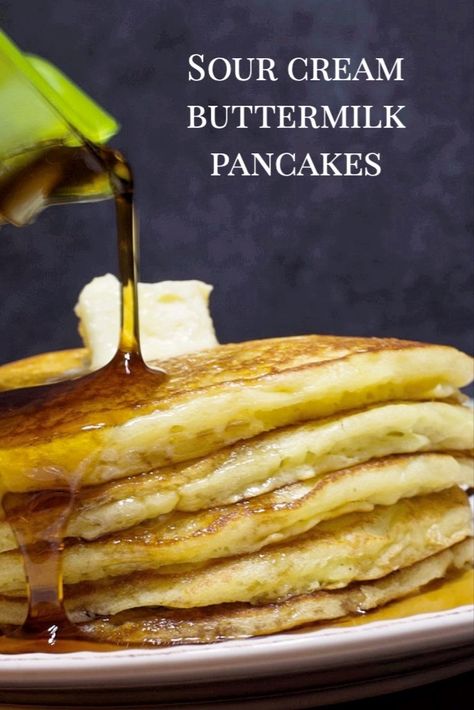 A stack of sour cream buttermilk pancakes topped with butter and lots of syrup. My Country Table, Sour Cream Pancakes, Cream Pancakes, Delicious Pancakes, Scrumptious Food, Pancake Recipes, Country Table, Tasty Pancakes, Buttermilk Pancakes