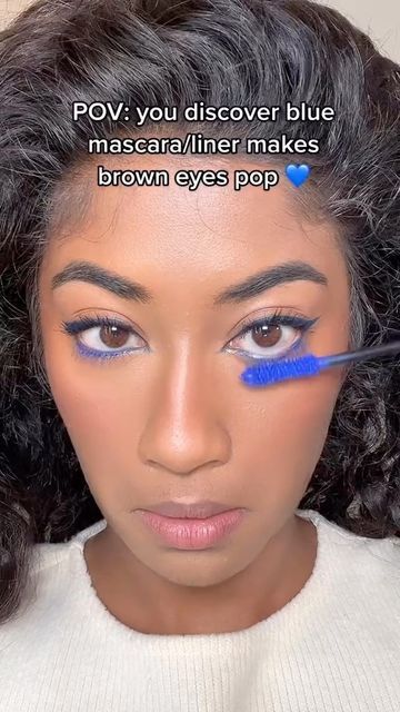 Blue Mascara Looks Brown Eyes, Blue Eyeliner Brown Eyes, Mascara Bleu, Eyeliner Brown Eyes, Blue Eyeliner Looks, White Mascara, Blue Eyeliner Makeup, Brown Eyes Pop, Pop Makeup