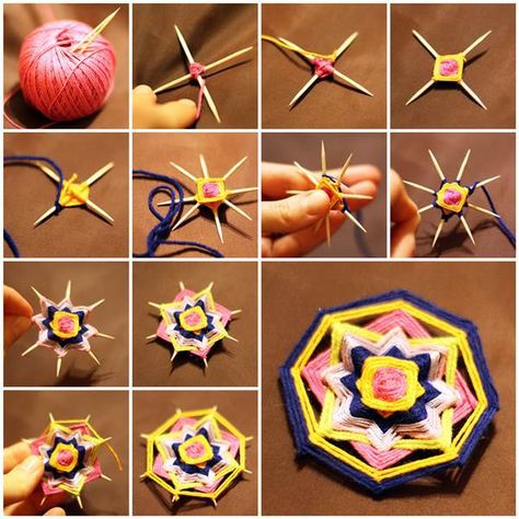 I would guess at one point or another we have all made a yarn mandala, most likely with branches or popsicle sticks. This tiny mandala made with tooth picks and string is so delicate. Just by chang… Toothpick Crafts, God's Eye Craft, Tooth Pick, Gods Eye, Weaving Projects, Recycled Crafts, Craft Stick Crafts, String Art, Handmade Home