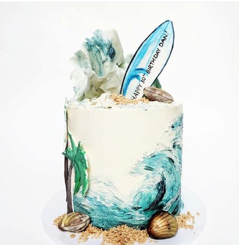 Ocean Theme Cake For Men, Surfer Cake Ideas, Surf Cakes Birthday, Surfing Cakes, Surfing Cakes For Men, Ocean Theme Cake Buttercream, Surf Cake, Ocean Cake, Cake Bar