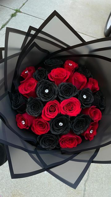 Black Glitter Roses Bouquet, Black Eternal Rose Bouquet, Red And Black Rose Bouquet, Black And Red Flower Bouquets, Black And Red Roses Bouquet, Black Ribbon Bouquet, Red And Black Bouquets, Valentine Roses Bouquet, Glitter Roses Bouquet