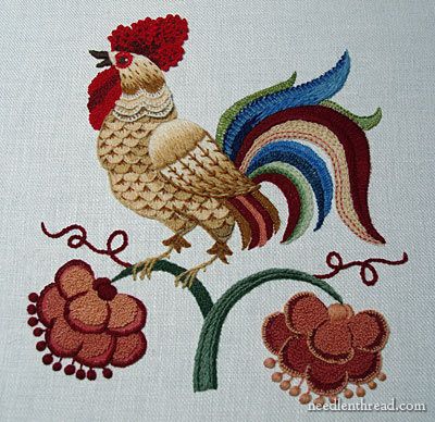 The Crewel Rooster - embroidery in various crewel wool threads Bordado Jacobean, Crewel Embroidery Tutorial, Jacobean Style, Jacobean Embroidery, Crewel Embroidery Patterns, Crewel Embroidery Kits, Wool Embroidery, Embroidery Patterns Free, Crewel Embroidery