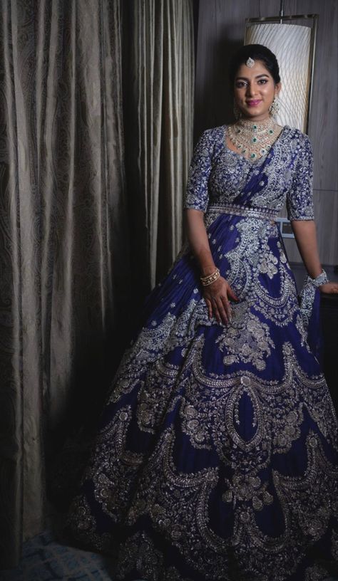 Jayanthi Reddy Lehenga, Half Saree For Reception, Reception Look For Bride, Jayanthi Reddy, Bridal Half Saree, Saree For Reception, Reception Lehengas, Blue Bridal Lehenga, Bridal Lenghas