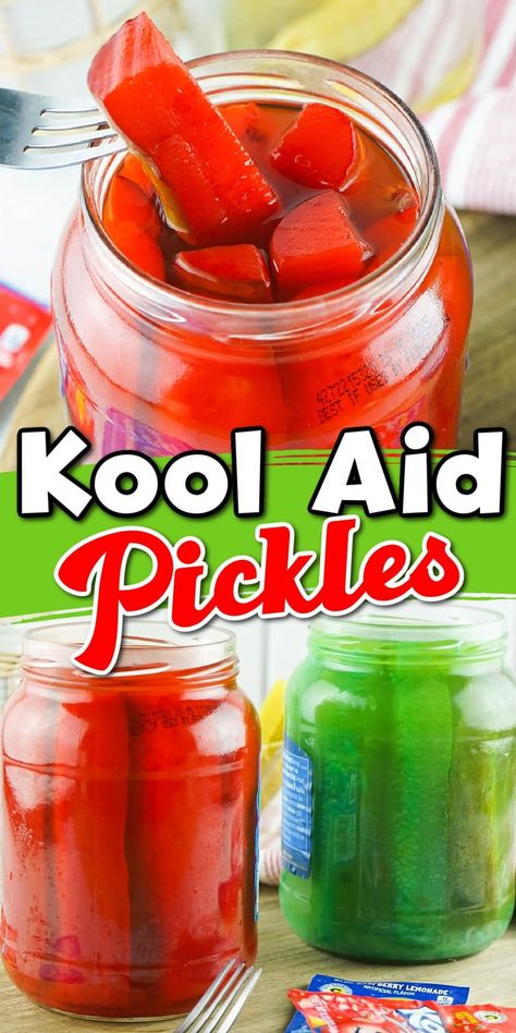 Kool-Aid Pickles Kool Aid Pickles, Kool Aid Flavors, Grape Kool Aid, Pickle Spears, Classic Savory, Pickle Dip, Pickles Recipe, Kid Friendly Snack, Pickle Butter