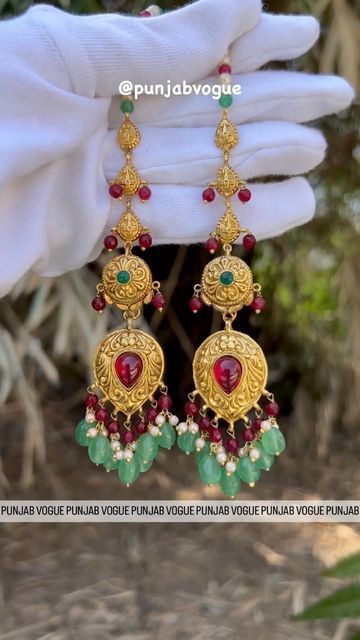 Punjab Vogue ® on Instagram: "Statement Punjabi Style Earrings with Share ~ Royal Look 22K gold Plated ~ Not Real Gold ~ Next to Real Gold This is high quality 22K gold plated earrings with antique polishing. Ruby Authentic Stones, Mint Beads & ruby hydro beads are used in it. Dm to order ✉️ - Statement Jewellery - Rare to find anywhere - Handcrafted High quality - Sizing: Adjustable - Plating - 22K gold plating with antique finish - Includes - 1 pair of earrings - Ruby authentic stones an Guluband Design, Rajputi Earrings Design Gold, Rajputi Earrings, Earrings Design Gold, Punjabi Earrings, Gold Jewelry Prom, Chand Bali, Tiny Gold Earrings, Punjabi Style