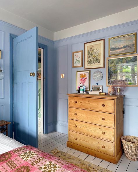 Painting In Room Bedrooms, Color Inspiration Bedroom, Periwinkle Accent Wall, Colourful Aesthetic Bedroom, Blue Walls Bedroom Decor, Light Blue Cottage Bedroom, Eclectic Blue Bedroom, Eclectic French Country Bedroom, Periwinkle Blue Bedroom