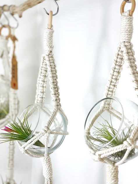 Macrame Plant Hanger Air Plant, Macrame Globe Hanger, Macrame Terrarium Hanger, Macremae Plant Hangers, Macrame Air Plant Hanger Diy, Macrame Air Plant Holder, Macrame Air Plant Hanger, Larks Head Knot, Diy Macrame Plant Hanger Pattern