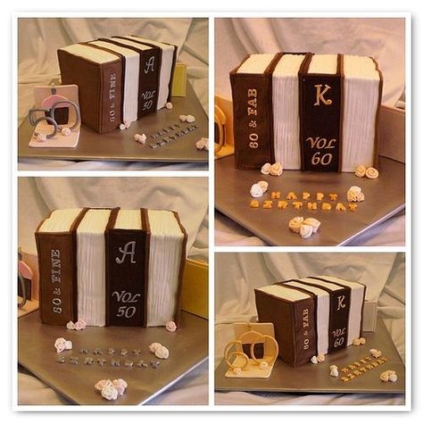 "50 & 60th Library Books Dual Cake. By: nicolevoorhout. I was asked to make a cake for one of the ladies I work with for her 60th birthday she wasn't very forthcoming in ideas and then decided to combine it with another colleague who was turning 50. As they are both librarians I decided to go with the books. Then I had this fab idea to turn it into a trick cake turn it one way and it's the cake for the 50th, turn it around and it's the cake for the 60th!" Library Cake, Piano Cakes, Teacher Cakes, Twin Birthday Cakes, Nerdy Wedding, Book Cakes, Make A Cake, Book Cake, Turning 50