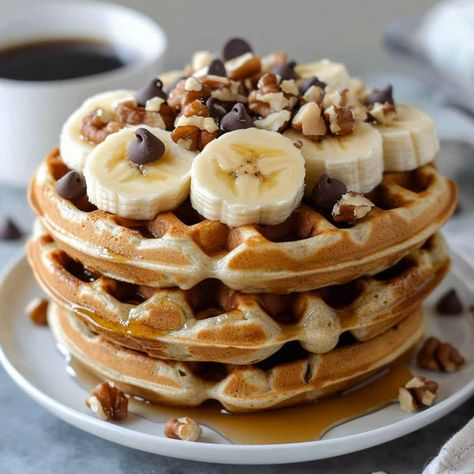 Banana Bread Waffles - Insanely Good Banana Bread Waffles, Fluffy Banana Bread, Chocolate Waffle Recipe, Peanut Butter Whipped Cream, Nuts And Chocolate, Banana Buttermilk, Banana Waffles, Homemade Banana Bread, Chocolate Waffles