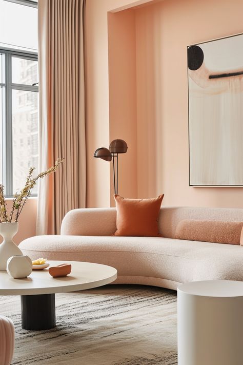 Pantone Peach Fuzz 2024 Peach Colour Room Bedrooms, Peach Interior Design Living Room, Peach Fuzz Bedroom, Peach Fuzz Interior Design, Peach Fuzz Aesthetic, Peach Fuzz Color, Pantone Peach Fuzz, Peach Wall Color, Peach Room Decor