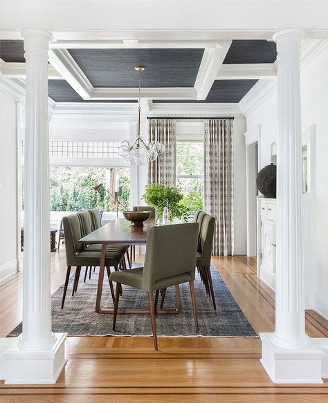 Formal dining room with a coffered ceiling Coffered Ceiling Dining Room, Coffered Ceiling Ideas, Ceiling Dining Room, Coffered Ceiling Design, Ceiling Details, Dining Room Ceiling, Wallpaper Ceiling, Ceiling Treatments, Kitchen Ceiling