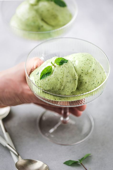 Pineapple Basil Sorbet Pineapple Basil Sorbet, Basil Sorbet, Pineapple Basil, Pineapple Mojito, Fruit Pudding, Ice Cream Fruit, Gelato Recipe, Dinner Party Desserts, Sorbet Recipes