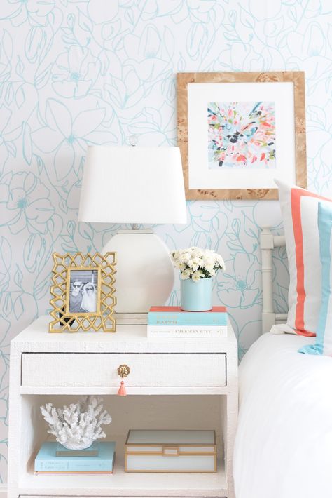 KRISTY WICKS Living Room Redo Design Plans from Lauren Haskell Design Bedroom Nightstand Decor, Bedside Table Decor, Colorful Bedroom, Preppy Bedroom, Coastal Room, Bedroom Nightstand, Nightstand Decor, Living Room Redo, Preppy Room