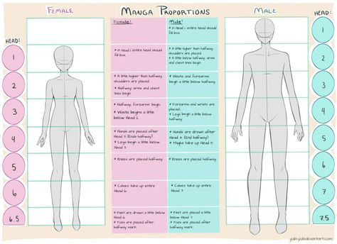 Female and Male Manga Proportion Guide by Yubi-Yubi Body Proportions Drawing Anime, Body Proportion Drawing, Head Proportions, Male Manga, Drawing Body Proportions, Drawing Proportions, Drawing Anime Bodies, Drawing Legs, Manga Tutorial