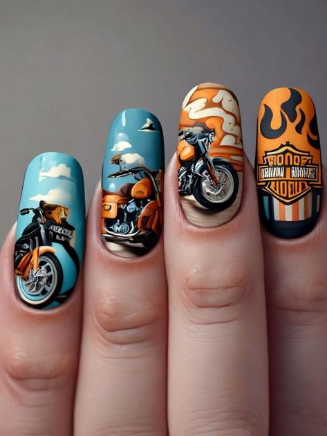 Harley Davidson Nails Designs Art Ideas, Harley Davidson Nail Art, Motorcycle Nails Designs, Harley Nails Designs Art Ideas, Moto Nails, Motorcycle Nails, Bike Rally, Nails Inspiration, Gel Nails