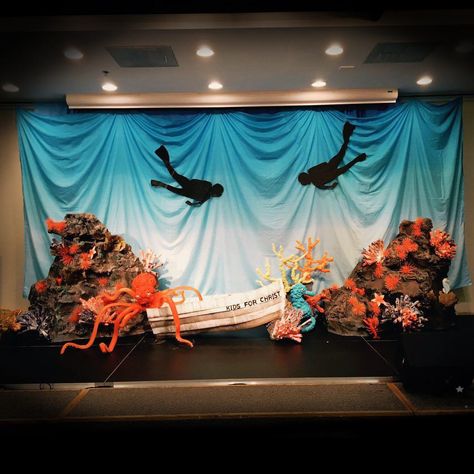 Under water theme 2016 deep sea discovery Stage design For KFC @ odpc Under The Sea Prom, Deep Sea Discovery Vbs, Ocean Commotion Vbs, Vbs Ocean Theme, Shipwrecked Vbs, Submerged Vbs, Ocean Vbs, Ocean Commotion, Under The Sea Decorations