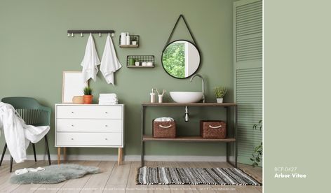 Bathroom Wood Cabinet, Olive Green Curtains, Calm Living Room, Scandinavian Room, Dirty Room, Bathroom Wood, White Molding, Cabinet Paint, Green Armchair