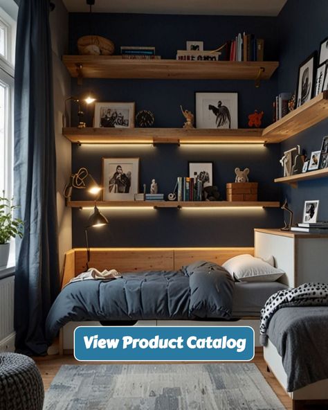 Struggling with a small bedroom? Check out these innovative space-saving ideas for teen boys! From loft beds to wall-mounted shelves, create a functional and cool space your teen will love. Get inspired by modern designs that optimize every corner. #SmallRoomDesign #TeenBoysRoom #SpaceSaving #ModernBedroom #RoomMakeover Boys Bedroom Shelving Ideas, Boys Room Shelving Ideas, Teenager Boys Bedroom Ideas, Teenage Boys Room Design, Bedroom Shelving Ideas, Bedroom Shelving, Shelf Above Bed, Teenager Bedroom Boy, Teenage Boy Room