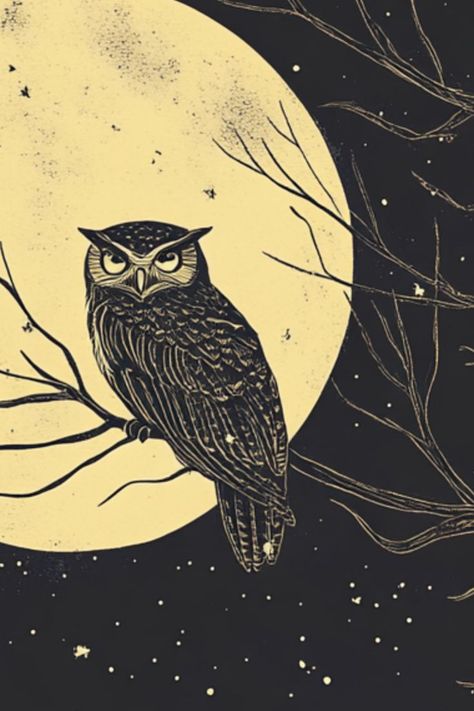 Add a touch of vintage charm to your home with this owl illustration featuring a glowing moon and starry night sky. Ideal for nature lovers and those who appreciate classic, timeless art. Vintage Owl Art, Glowing Moon, Owl Moon, Owl Art Print, Sky Digital, Moonlit Sky, Owl Illustration, Moonlit Night, Starry Night Sky