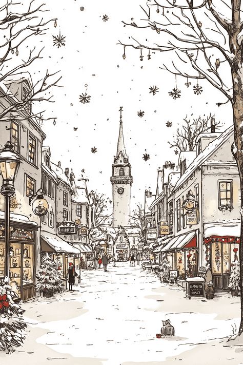 Christmas Winter Scenes Cozy Winter Drawings, December Drawings Ideas, Christmas Art Sketches, Christmas Houses Drawings, Winter Drawing Aesthetic, Snowy Drawing, Winter Aesthetic Drawing, Christmas Aesthetic Illustration, Aesthetic Christmas Drawings