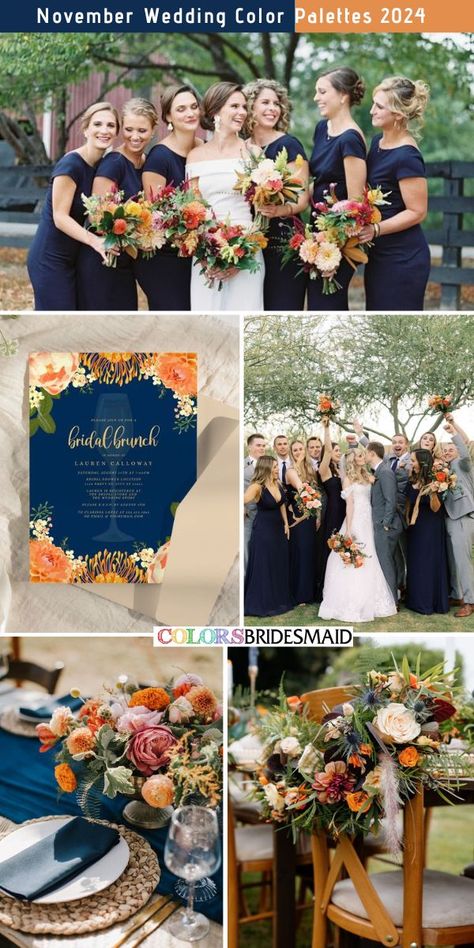 Navy blue, orange and grey November wedding color palettes inspirations for 2024: navy bridesmaid dresses, white bridal gown, orange wedding bouquets, grey groom groomsmen suits pairing with navy blue ties, navy blue invitations with orange floral patterns, navy blue napkins, navy blue table runners, orange table centerpieces.#weddingcolors #weddingideas #fallweddings #novemberweddings #colsbm #2024 #bridesmaiddresses #navybluewedding Navy Blue And Earth Tone Wedding, Navy Wedding Colors Fall, Blue And Green Wedding Colors, Navy Blue Invitations, Grey November, November Wedding Colors, Blue Fall Wedding, Navy Blue Napkins, Orange Wedding Bouquet